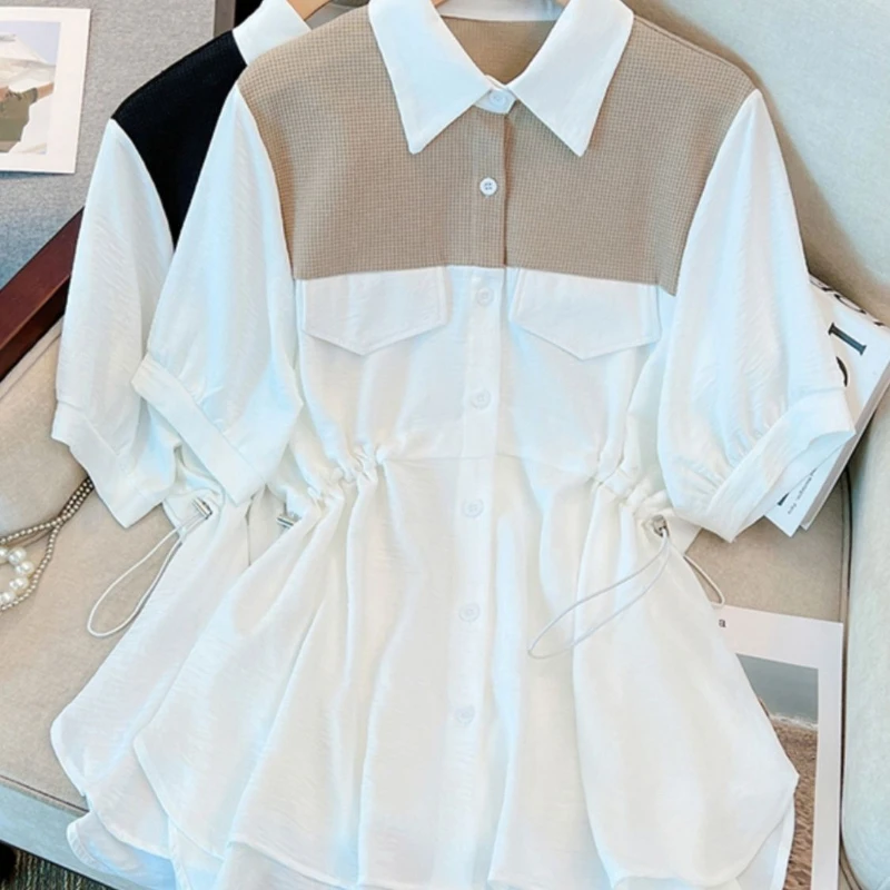 Short Sleeve Shirt Female Summer New Coat Design Sense Waist Large Size Jacket Fashion Temperament Outwear Loose Tops Women Q857