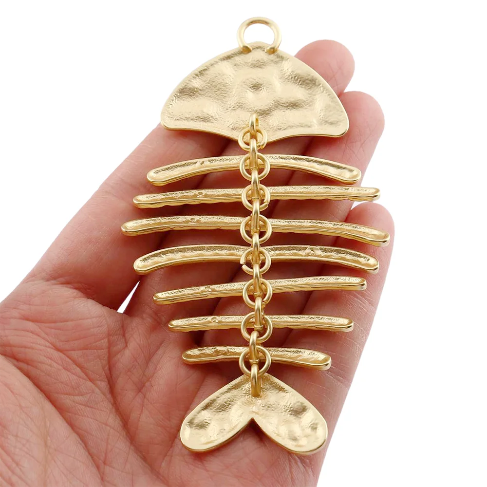 Matte Gold Color Large Hammered Skeleton Fish Bone Moveable Punk Charm Pendant for DIY Necklace Jewelry Making