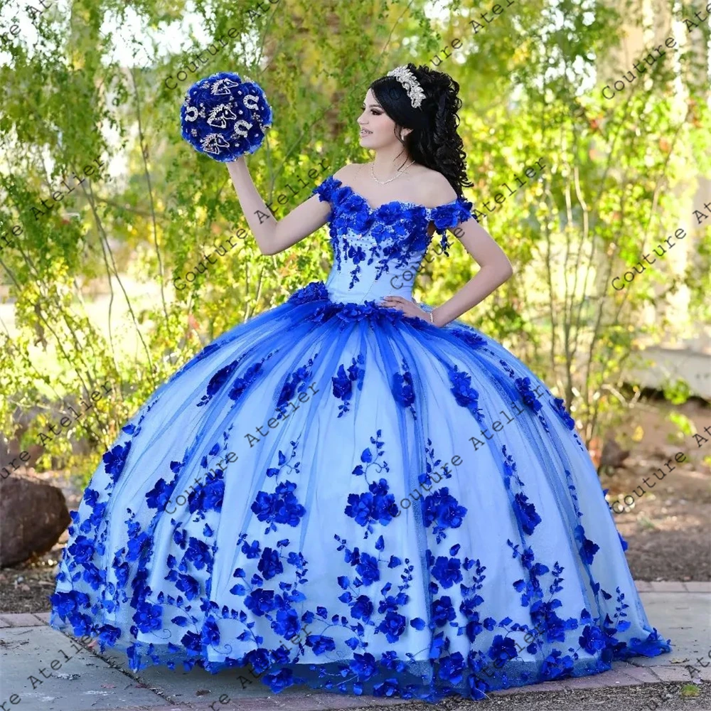 Royal Blue z koralikami perłami 3D kwiaty Quinceanera sukienki Off The Shoulder suknia balowa słodka szesnaście sukienka suknie ślubne Tulle vesti