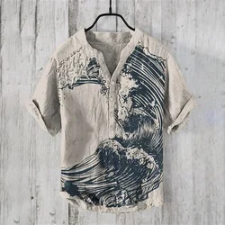 Spring and summer men's and women's shirts independent station casual fish pattern Hawaiian style shirts men's tops 100% linen