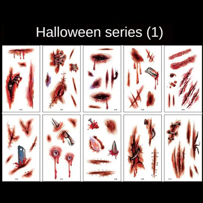 Realistic Scar Blood Print Sticker Waterproof Sweat-proof 10/5/3/1PCS Tattoo Sticker Halloween Horror Simulation Tattoo Sticker