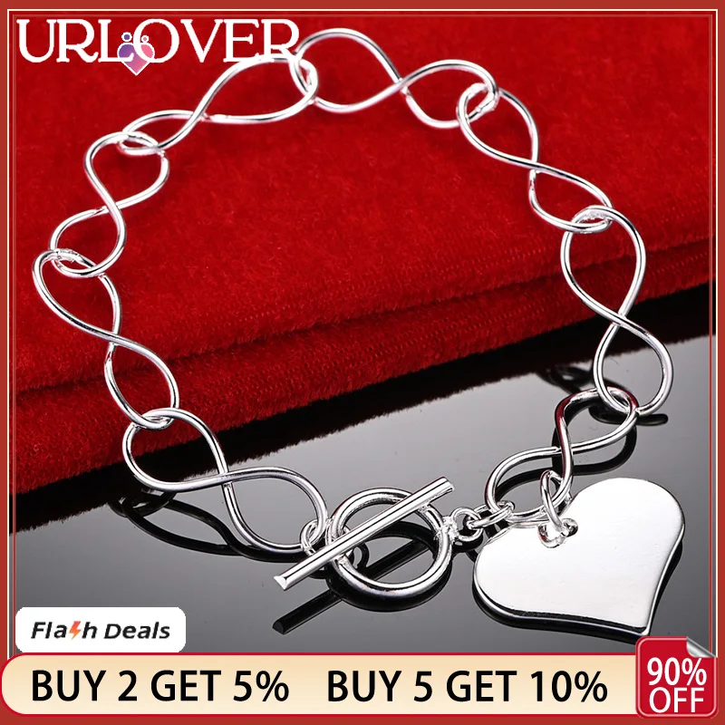 URLOVER 925 Stamp Silver Color Heart Pendant Bracelet For Woman 20cm Chain Wedding Accessories Party Birthday Fashion Jewelry