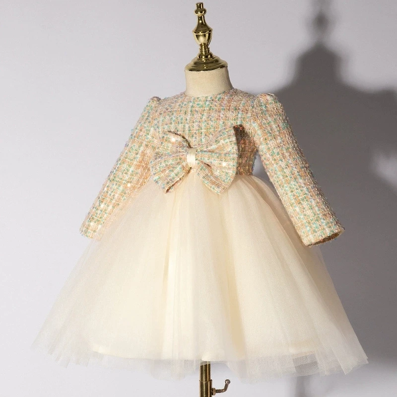 

Платье принцессы для девочек на день рождения, детское нарядное платье, винтажное, с длинными рукавами, пайетками, пышное, для выступлений, костюм