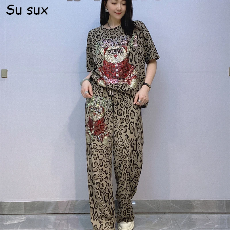 

Cartoon Bear Leopard Wide Leg Pant Sets 2 Pieces Woman 2025 Summer Casual O Neck Short Sleeve T Shirt Matching Sets Streetwear