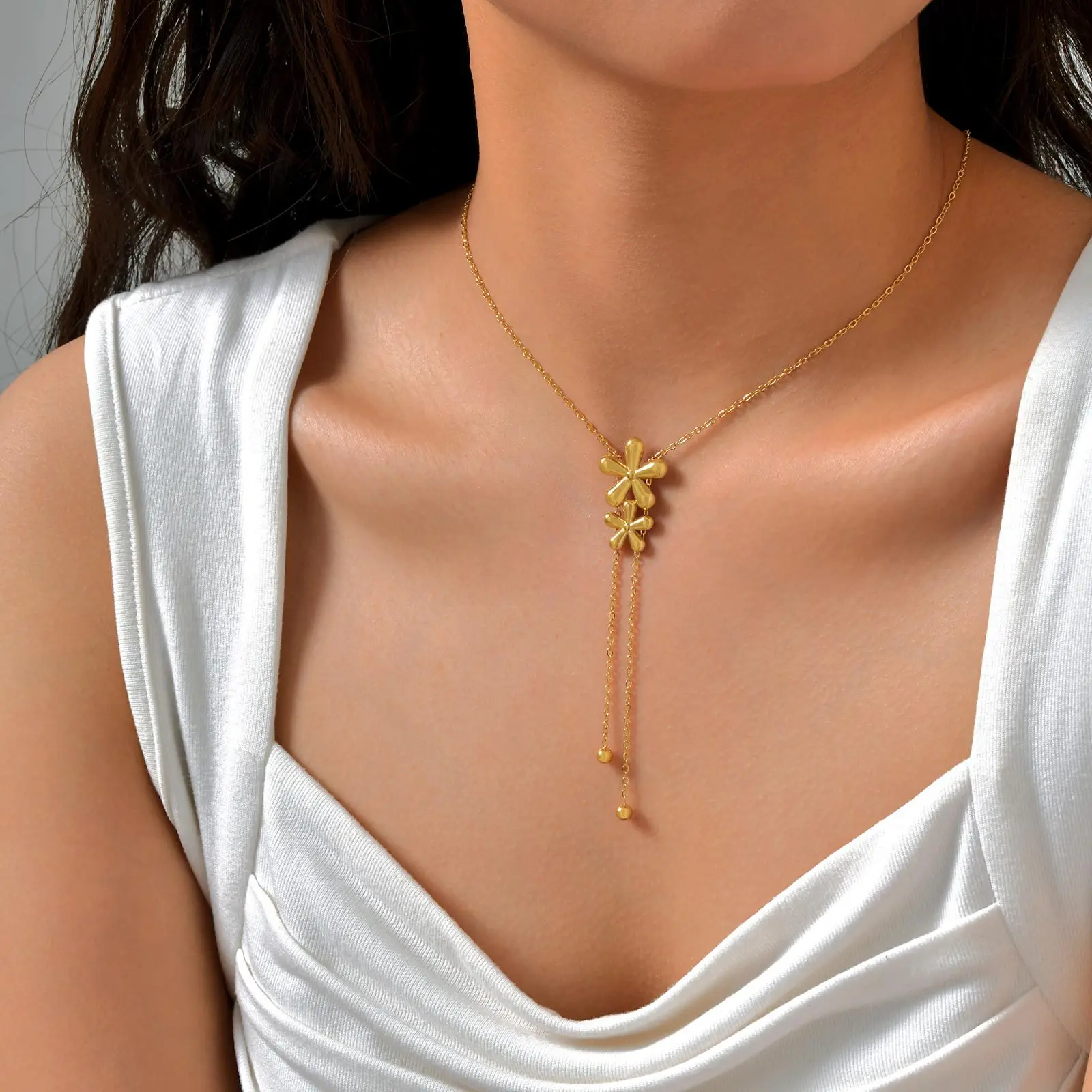

Flower Tassel Chain Pendant Necklace For Women Stainless Steel Flat Cross Chain Necklace Jwelry Gifts