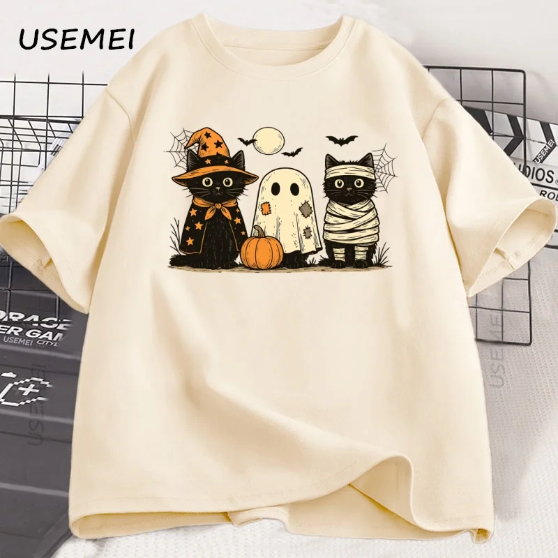 أسود القط اليقطين التي شيرت أشباح القوطية الخريف القط ماما تي شيرت هالوين موسم مخيف تي شيرت مطبوع للجنسين القطن قصير الأكمام