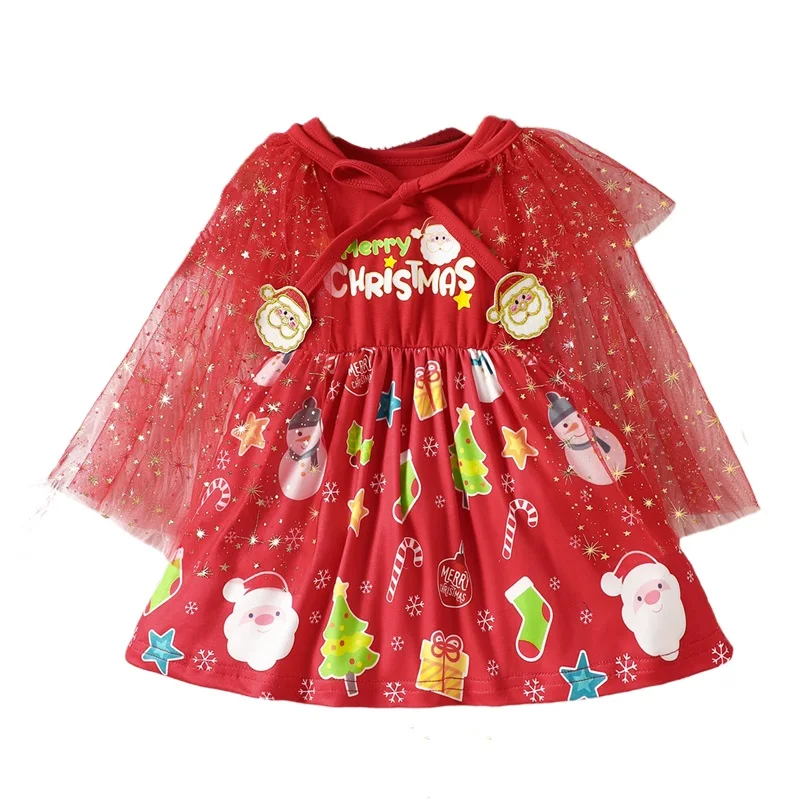 

Little Girl Christmas Dress Cartoon Print Sleeveless Round Neck A-Line Dress with Tulle Cape Set