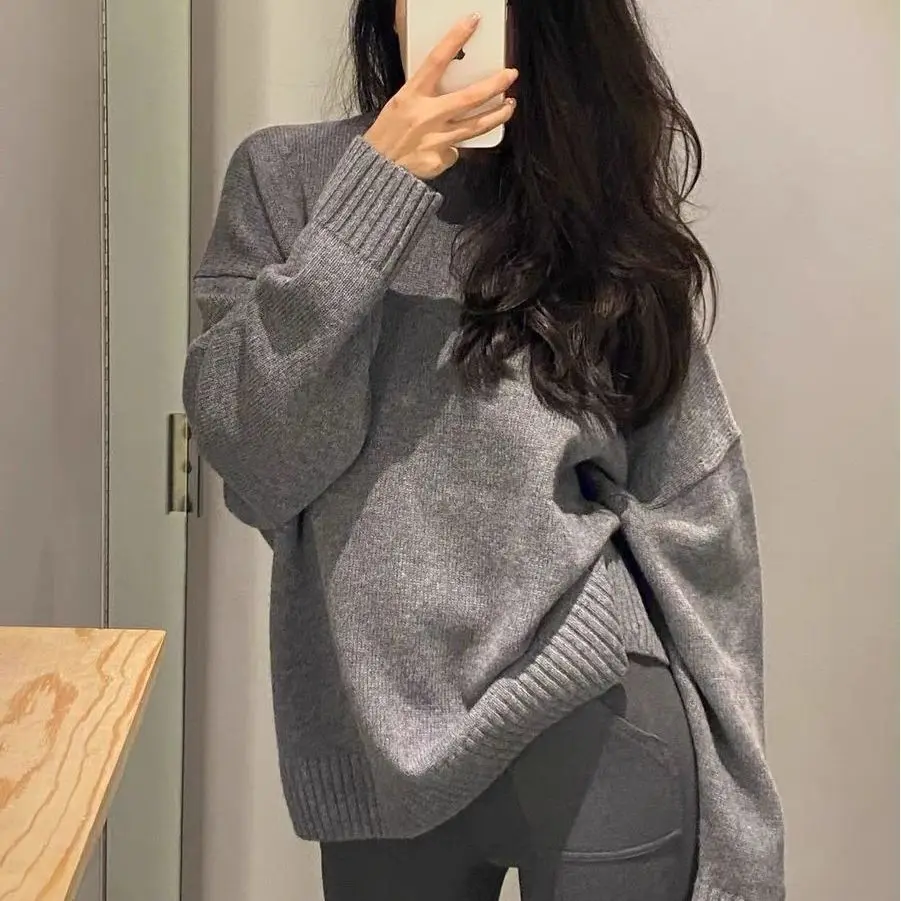 

Серый мягкий удобный пуловер с круглым вырезом для женщин, осень-зима, ленивый стиль, свободный универсальный вязаный топ, модная женская одежда