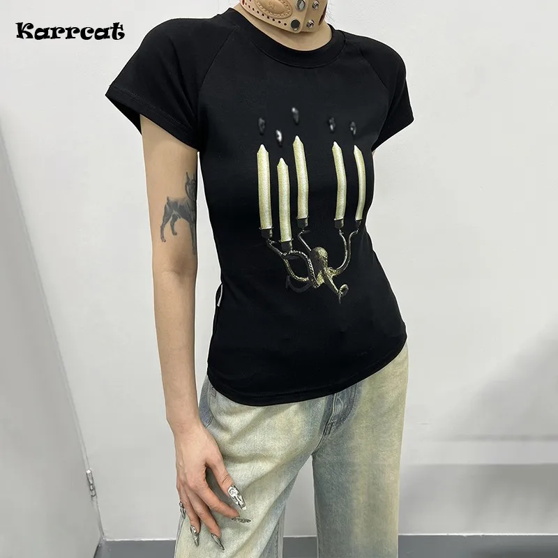 Karrcat Grunge Aesthetics Graphic T-shirt Trashy Y2k Short Sleeve T Shirt Vintage Gothic Black Tee Shirt American Retro Tops 90s