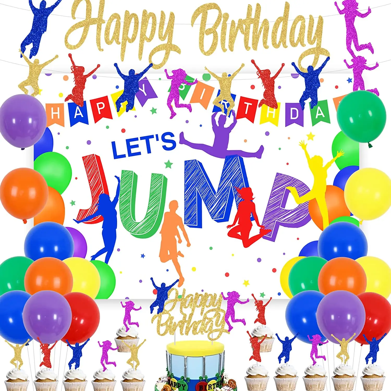 

Jumping Birthday Decorations Lets Jump Backdrop Birthday Banner Gymnastics Cake Toppers for Jump Trampoline Birthday Party