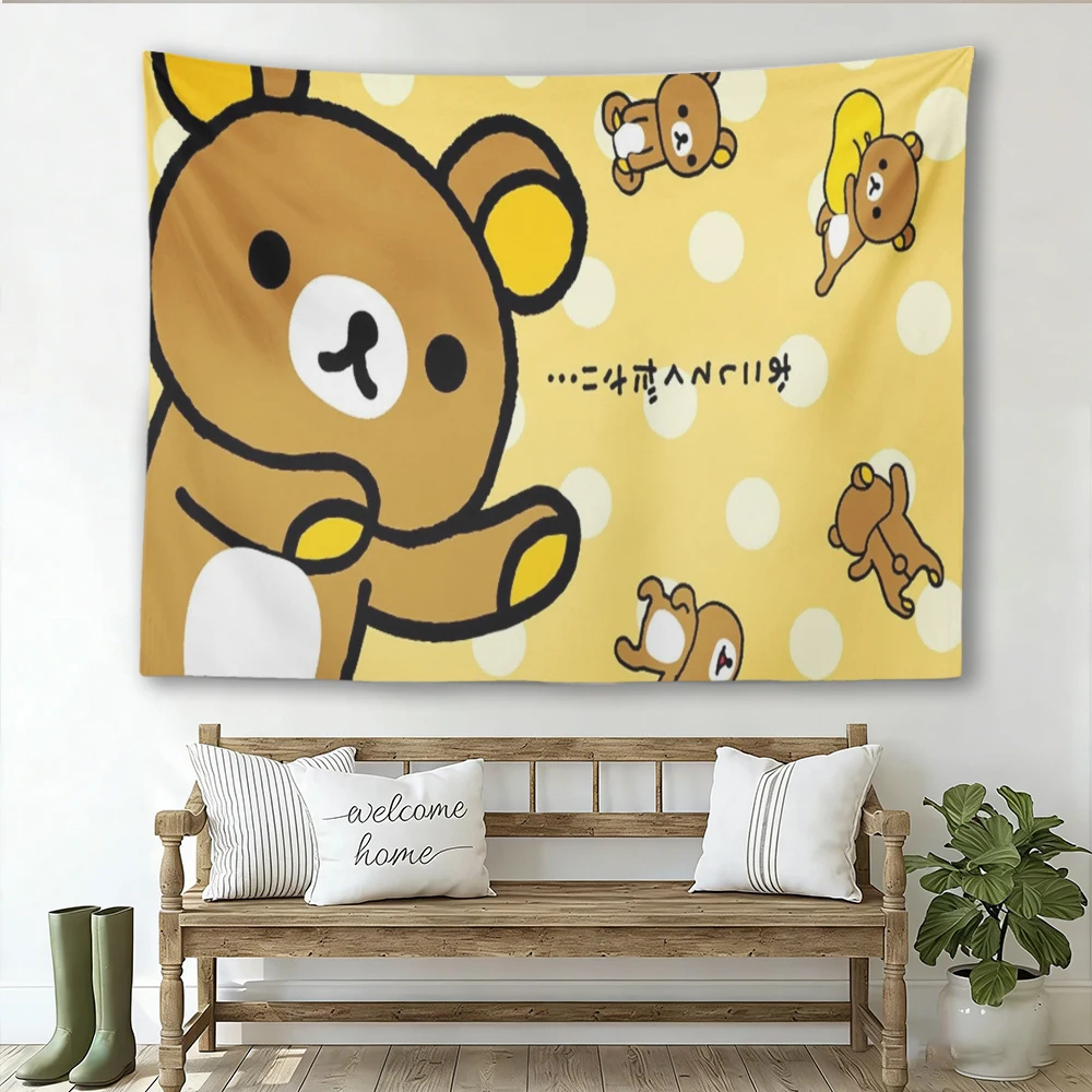 R-Rilakkuma Polka Dot Tapestry, Cute Kawaii Bear Wall Hanging, Soft Yellow Aesthetic Bedroom Dorm Decor, Anime Fan Gift