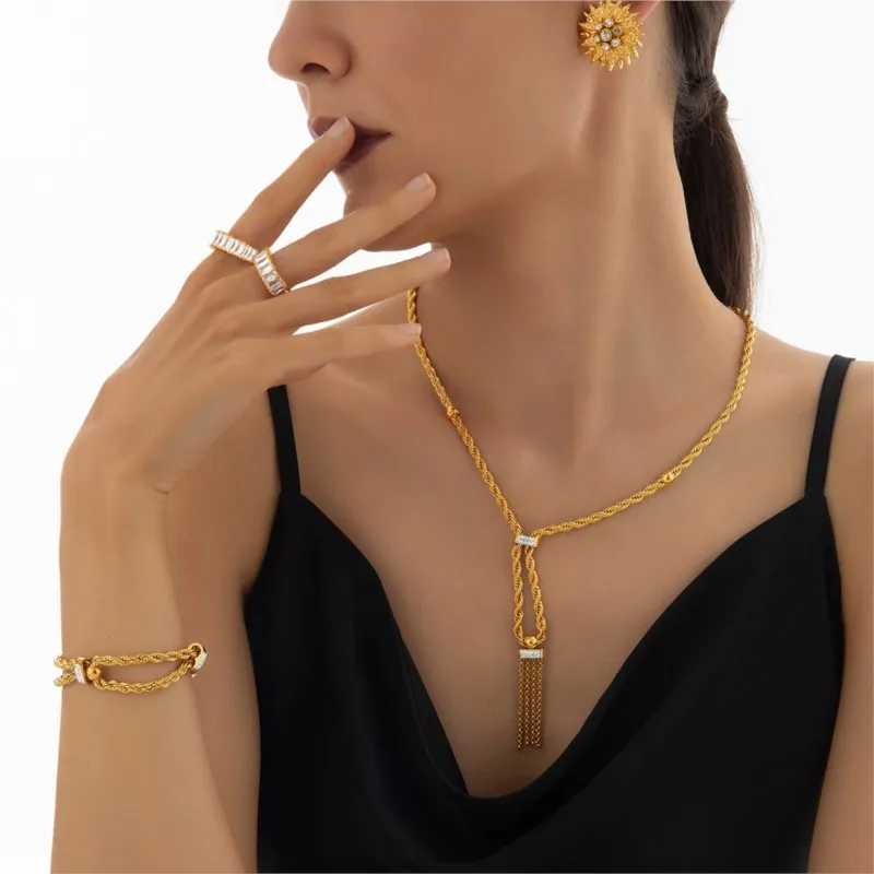Tassel Pendant Fried Dough Twist Chain Necklace Bracelet For Women Stainless Steel Gold Plated Women\'s Bracelets Necklaces Set