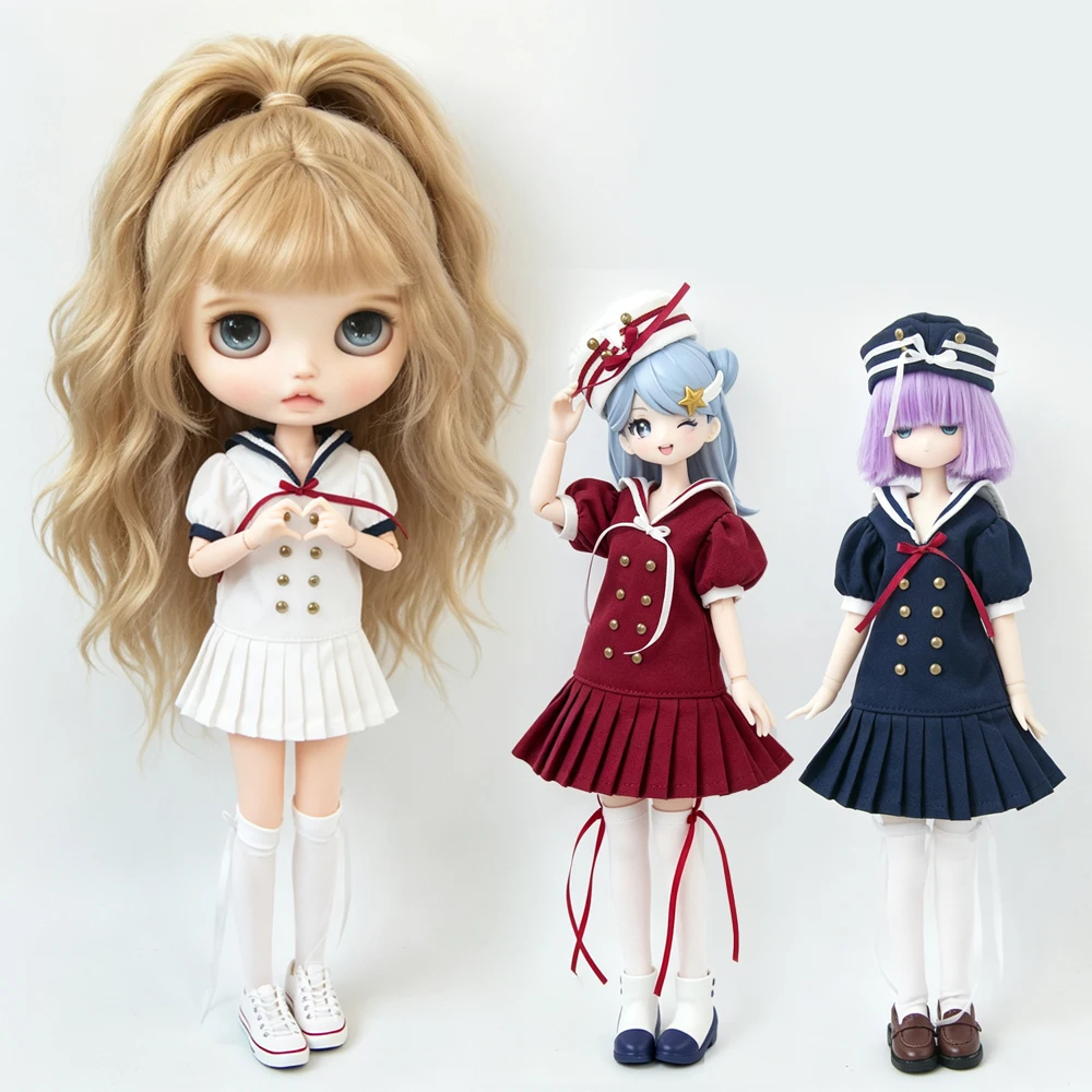 Blythe Clothing Navy Uniform Sailor Suit Skirt Hat for Azone, OB22 24, Licca, Oioi Studio, Light Nightmare Twin Doll Accessories