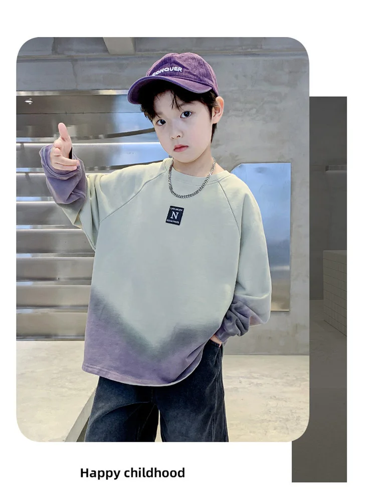 Neues koreanisches Sweatshirt für Jungen, Teenager, Herbst, Kinderbekleidung, Baumwoll-Oberteil, Farbverlauf-Sweatshirt, bedruckt, Schulkinderkleidung – Detail 5