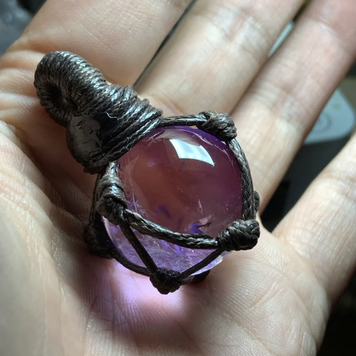 Natural Amethyst Sphere Pendant Macrame Net Wrapped Adjustable Cord Necklace Unisex Healing Crystal Ball Jewelry