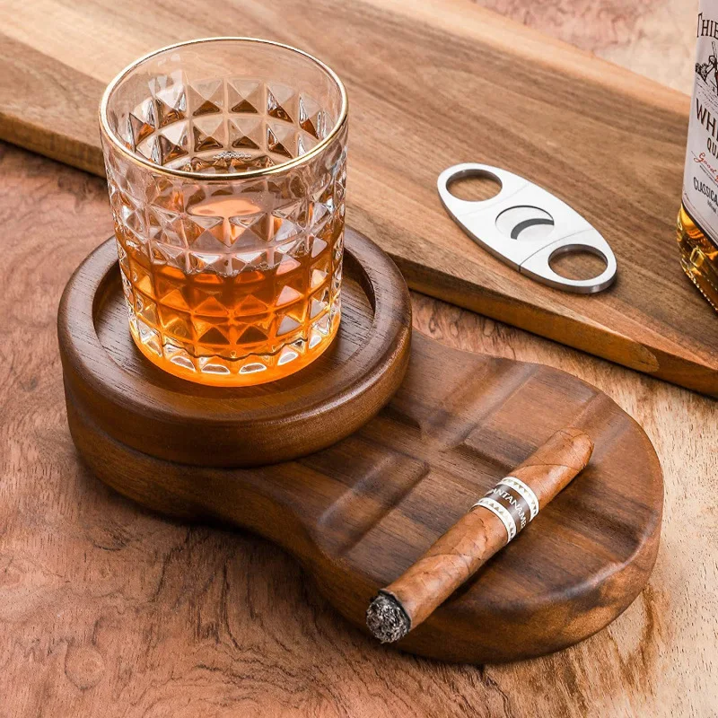 

Vintage Wooden Ashtray European Style Desktop Cigar Tray Multifunctional Whiskey Glass Holder Ashtray Decorative Plate