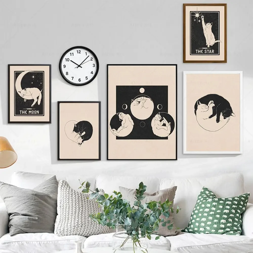 70s Inspired Vintage Cat Poster Moon Phases Yin and Yang Cats Astrology Sun Moon Star Cat Tarot Card Wall Art Painting Decor