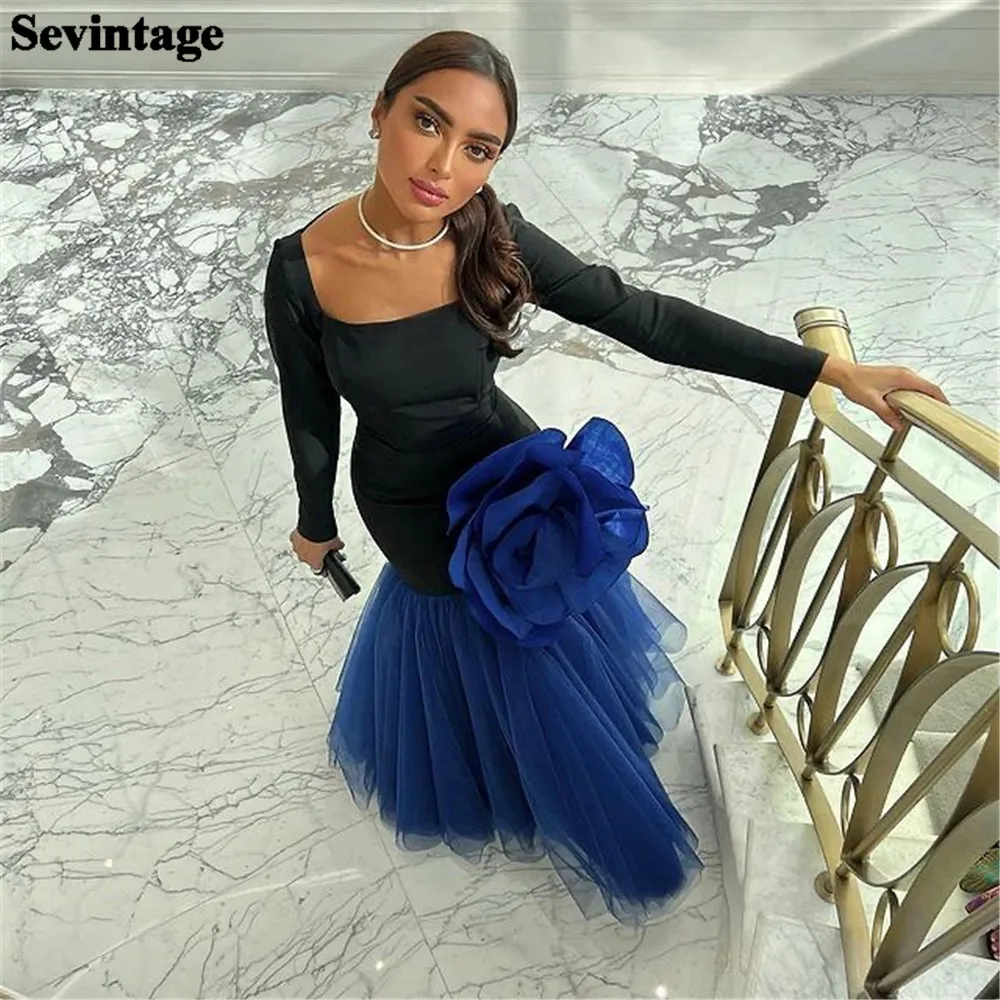 

Sevintage Black Royal Blue Saudi Arabic Prom Dresses Trumpet Fitted Boning 3D Flowers Floor Length Evening Gowns Dubai Women