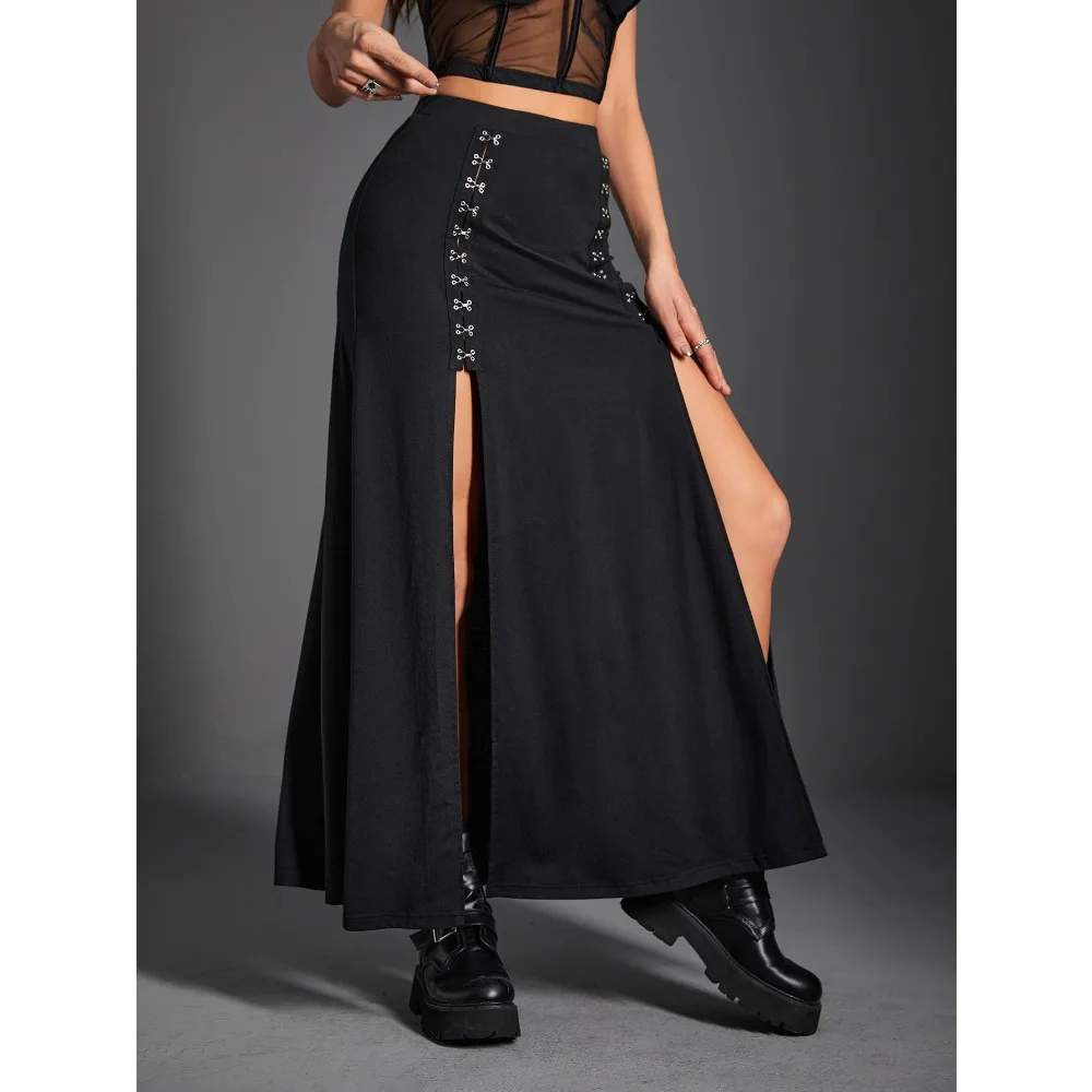 تنورة كلاسيكية داكنة قوطية للخريف/الشتاء للنساء - فتحة جانبية مثيرة مع لمسات معدنية، مثالية للحفلات ذات الطابع الشخصي