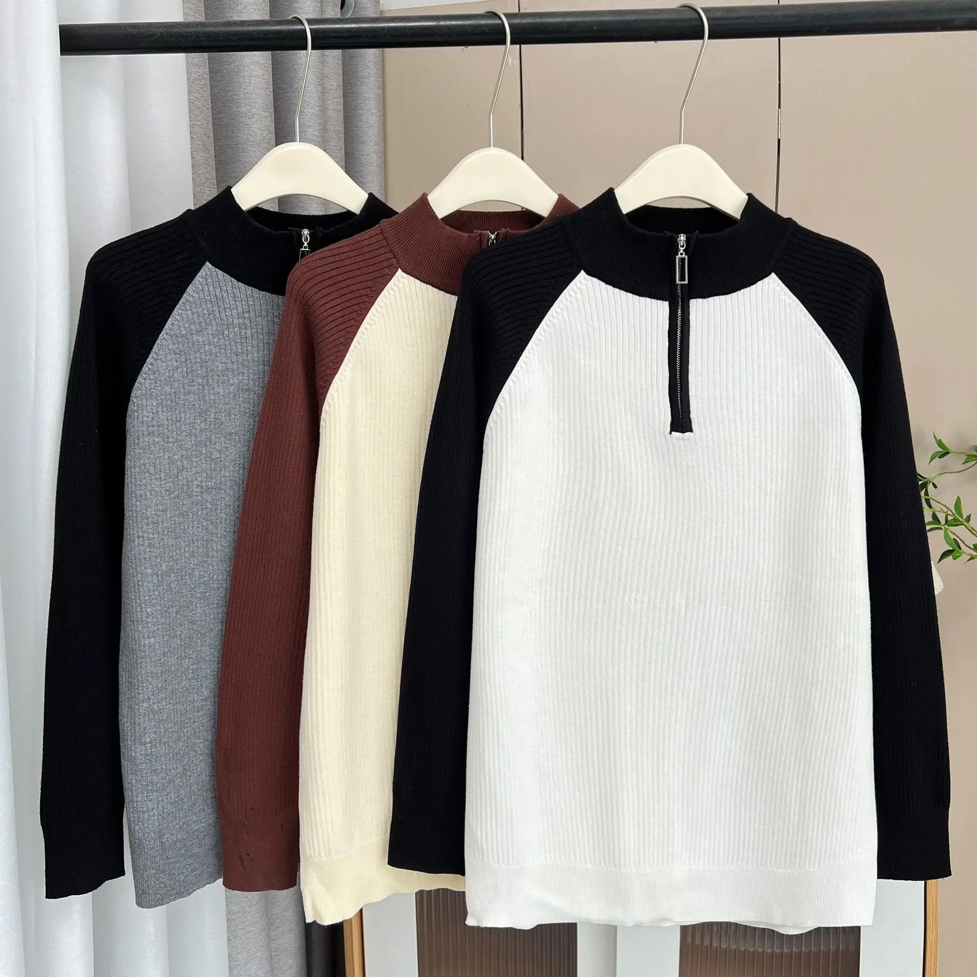 100KG Early Spring Fashion Block Color Half Zip Mock Neck Knit Sweater Plus Size Women's Casual Pullover Top 2179