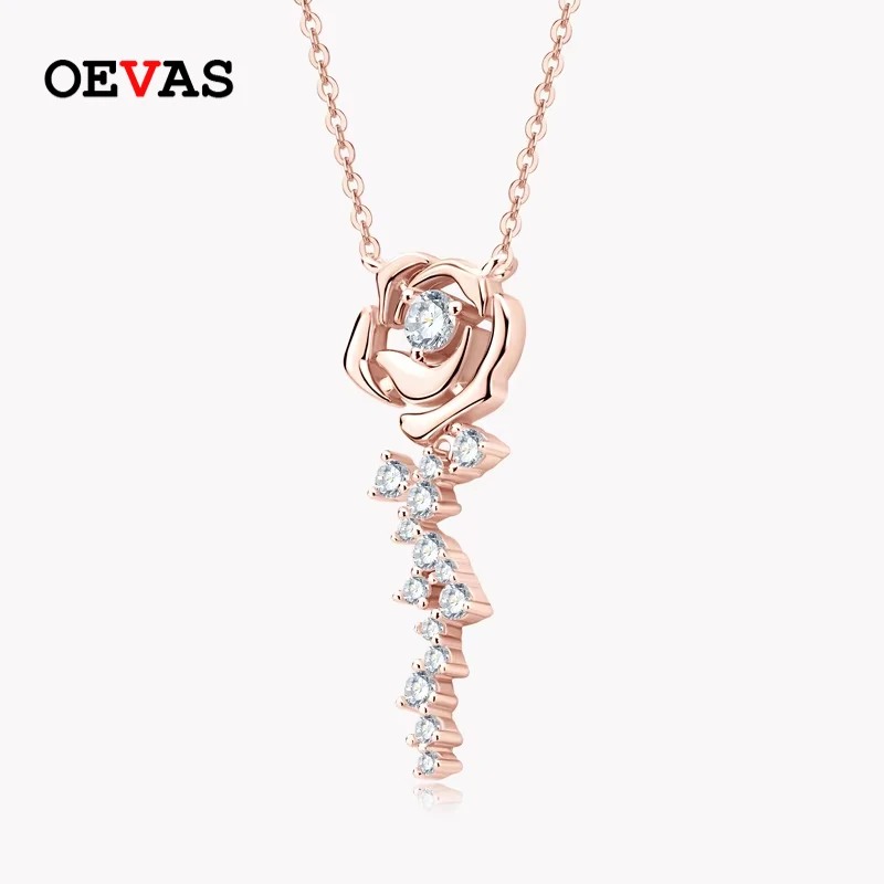

OEVAS 100% 925 Sterling Silver 3.5mm Moissanite Diamond Necklace for Women Romantic Rose Flower Necklace Sparkling Fine Jewelry