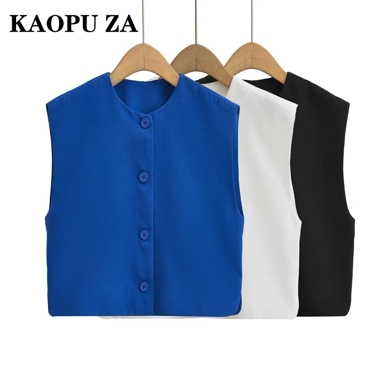 KAOPU ZA 2024 New Autumn Woman Casual V-Collar Sleeveless Gilet Vest Women Clothing Vintage Solid Color zipper Short Ruffles Top