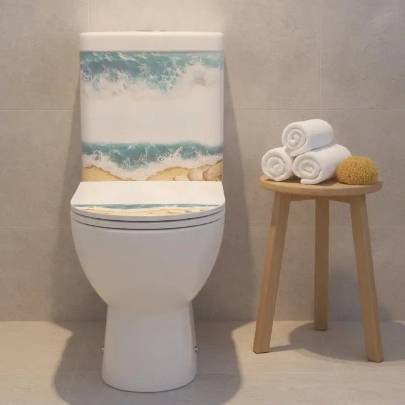 Ocean Wave Toilet Sticker Realistic Ocean Beach Pattern Waterproof Easy Install Floor Decal for Bathroom Home Decor