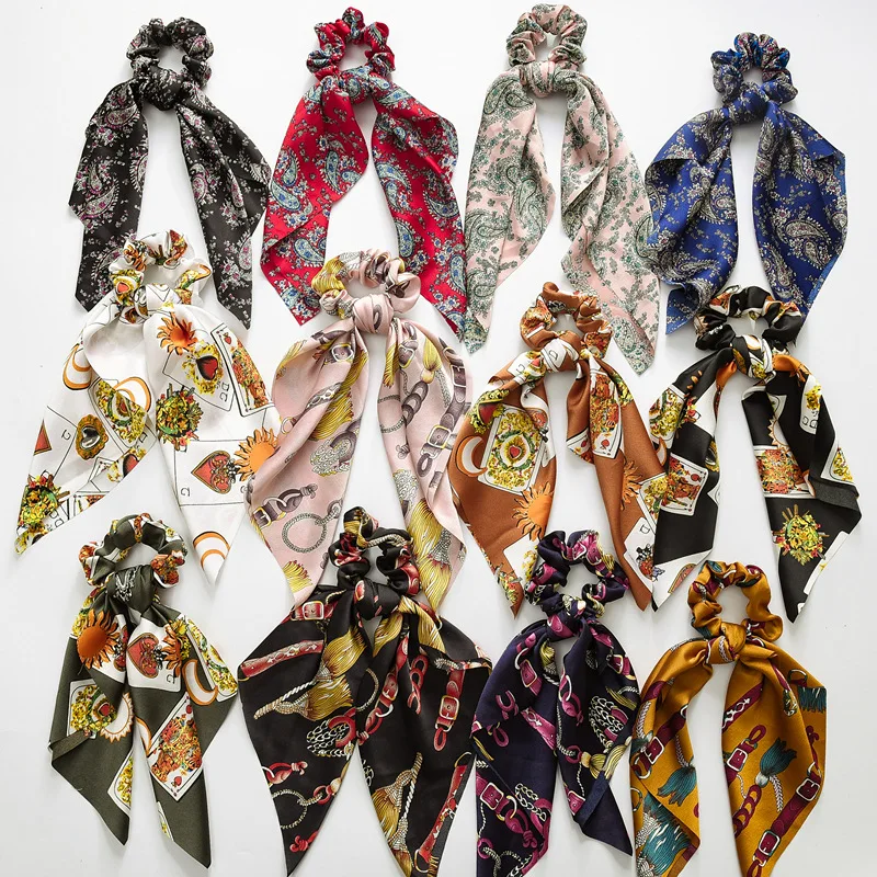 Vintage Leopard Print Bow Satin Scrunchie Women Girls Long Ribbon Ponytail Scarf Elastic Hair Tie Scrunchies Hair Accessories