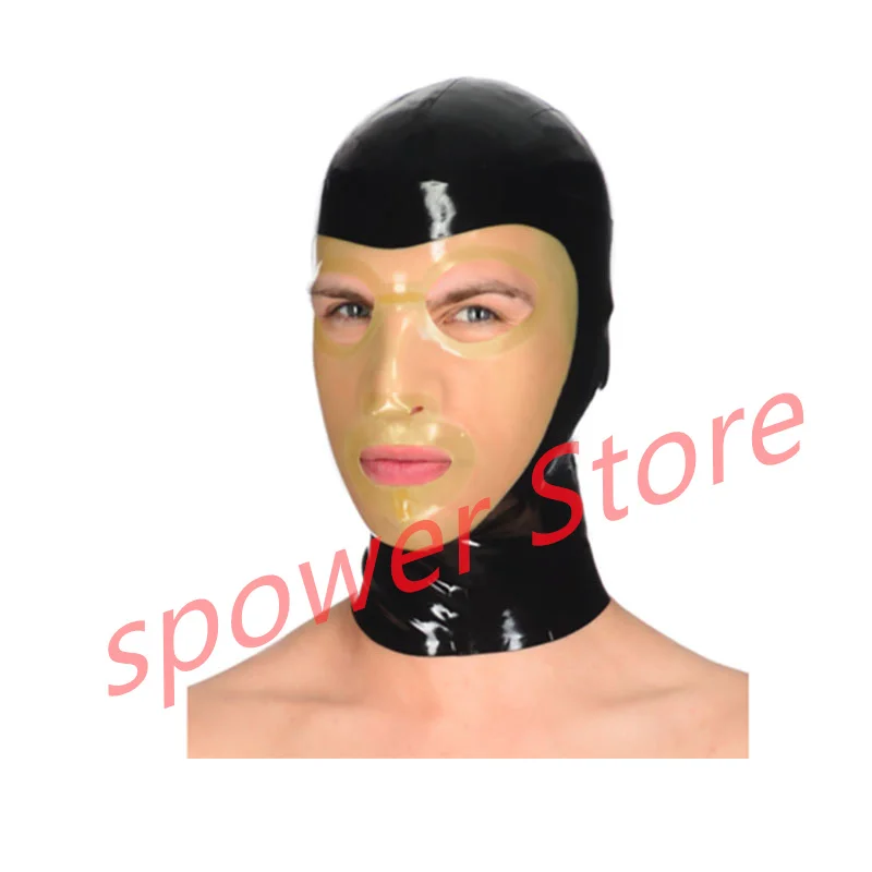 

Natural Latex Full Head Latex Hoods Rubber Mask Fetish Cosplay Mask Black with Transparent Back Zipper Club Wear