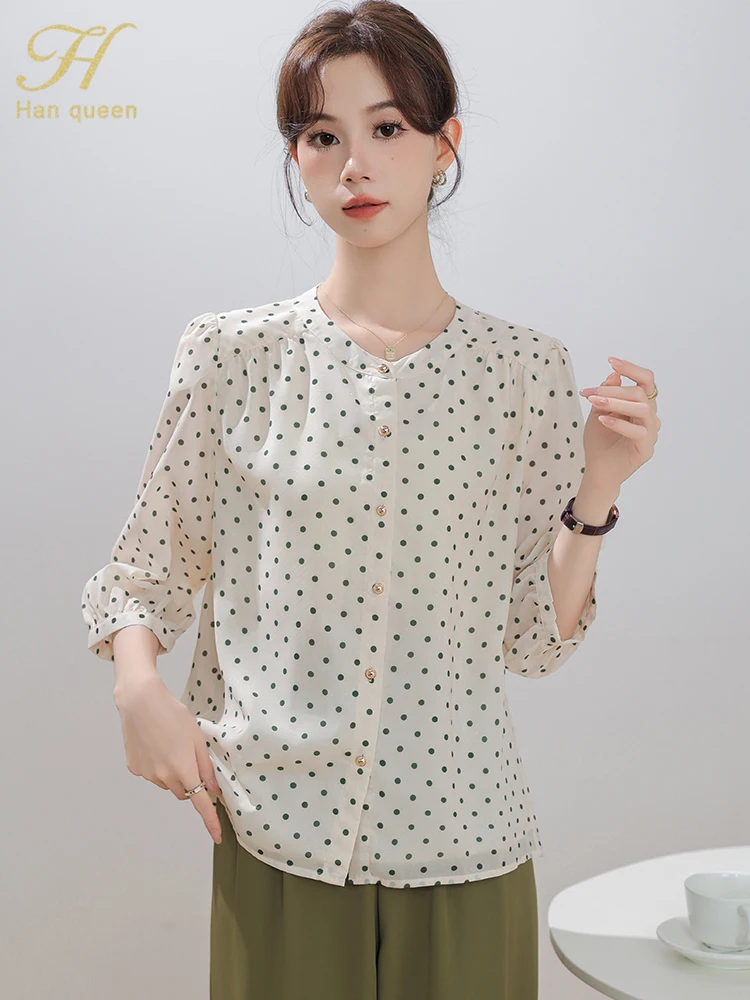 H Han Queen 2024 Autumn Tops Simple Office Chiffon Blouse Elegant Dots Shirt Casual Korean Style Loose Blouses Women Clothing