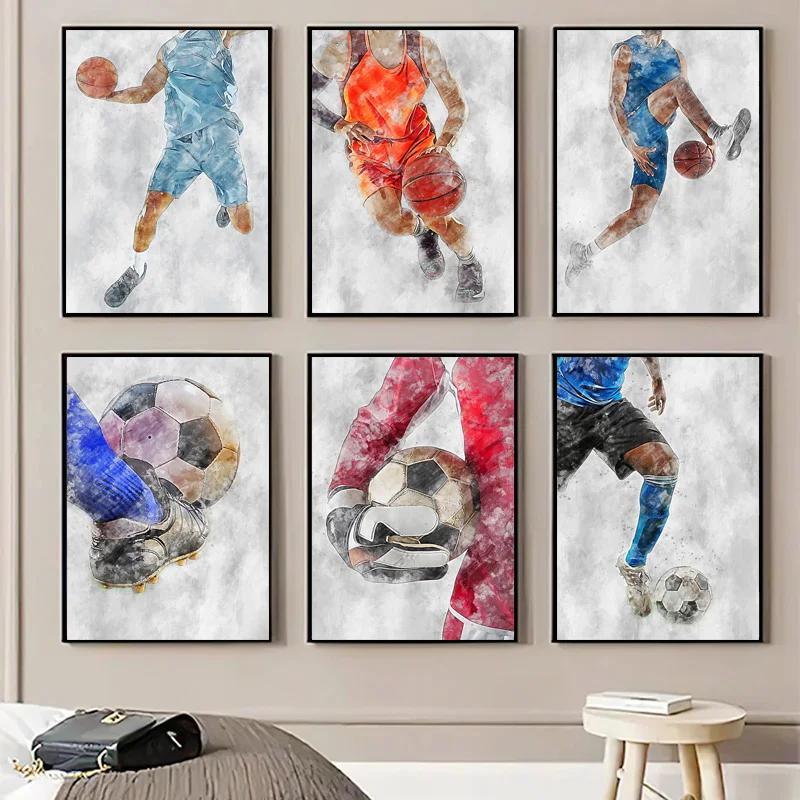Акварельный постер для баскетбола, футбола, картина маслом, современный спортивный принт, художественная картина, украшение для гостиной
