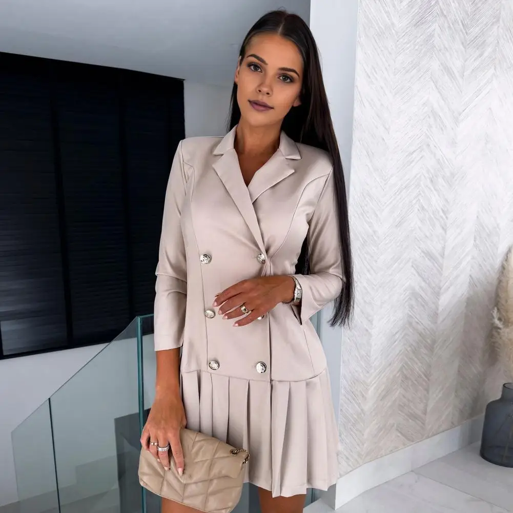 

Cut Dress Elegant Double-breasted Office Mini Dress with Pleated Hem V Neck for Women Formal Business Style Fall Spring Long