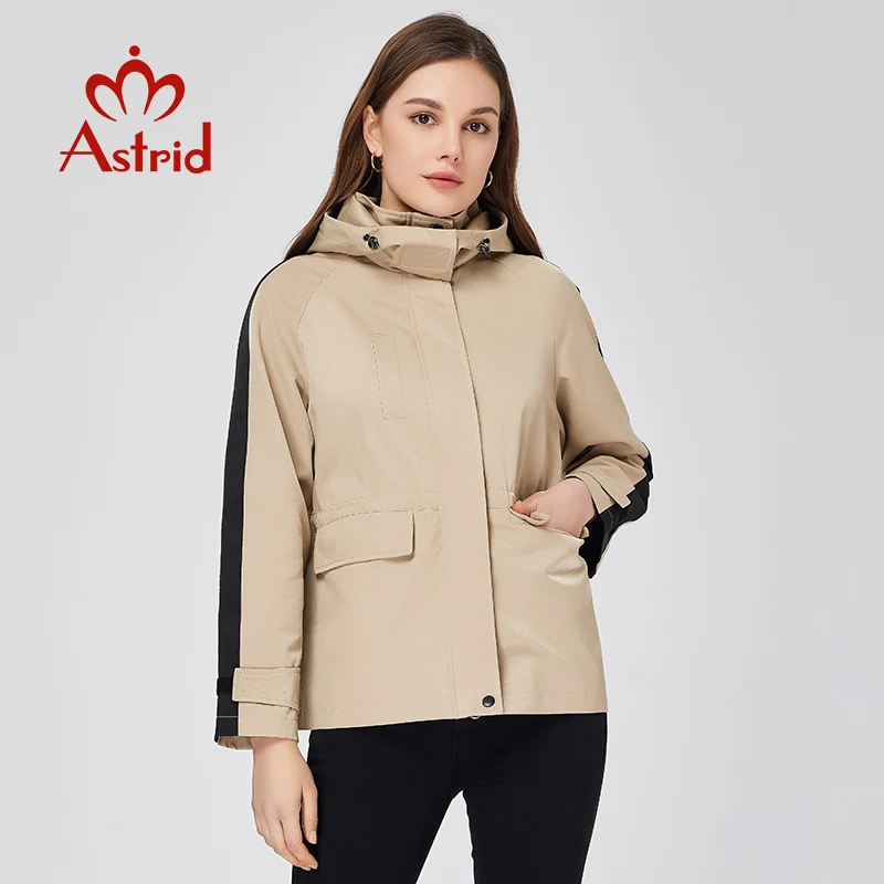 

Astrid Women's Trench Coat Short Windproof Classic Casual Jacket Hooded Big Pockets Color Contrast Design New In Outerwears