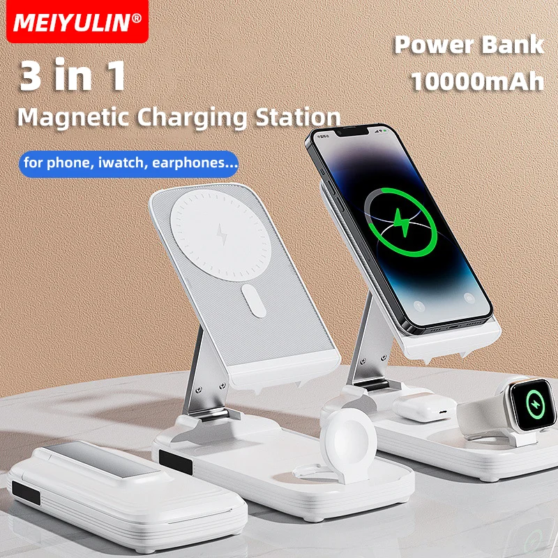 3 in 1 Magnetic Wireless Power Bank 15W Fast Charger Portable 10000mAh External Spare Battery For Magsafe iPhone 15 Apple Watch