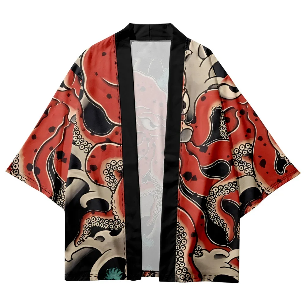 5XL 6XL Oversized Tops Summer Cardigan Beach Japanese Anime Octopus Print Traditional Kimono Women Men Haori Shirts