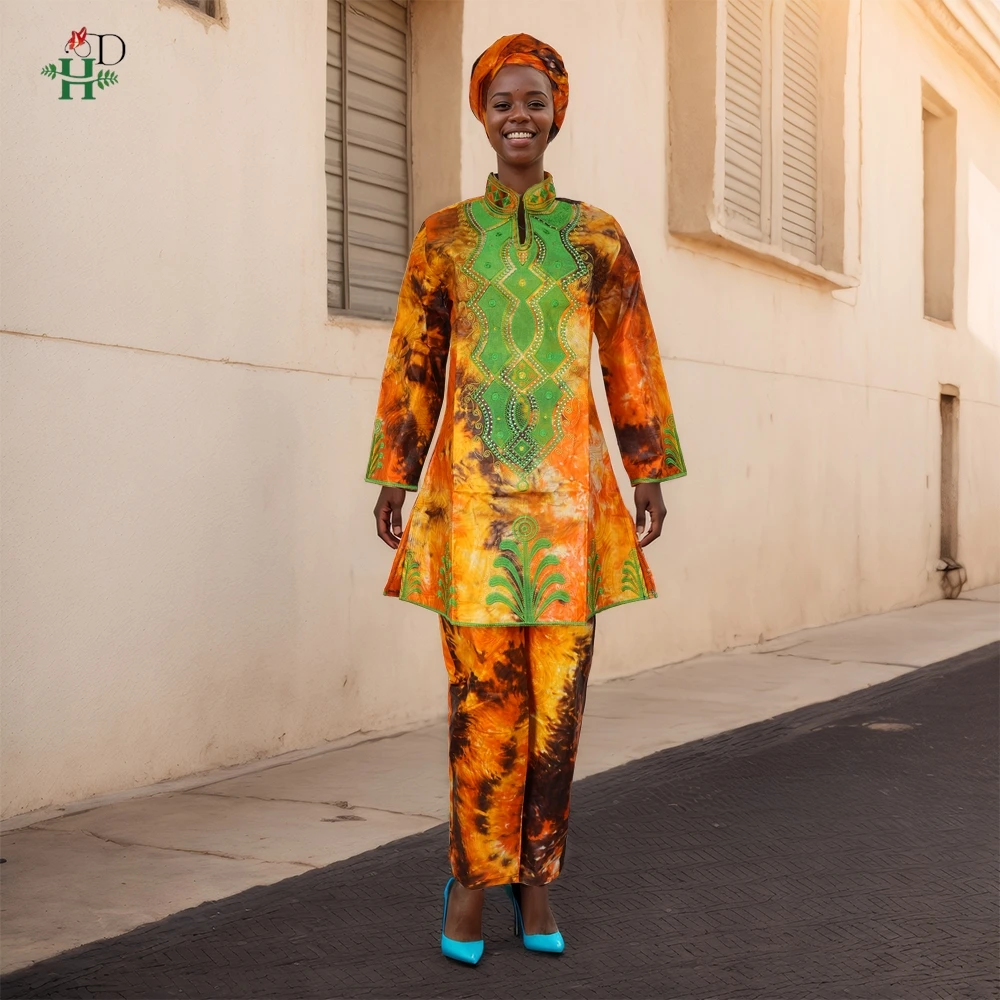 

Африканские платья H&D для женщин, одежда в стиле дашики, вышивка, одежда в стиле Дубай и Турция, комплект из 2 предметов, традиционная африканская одежда.