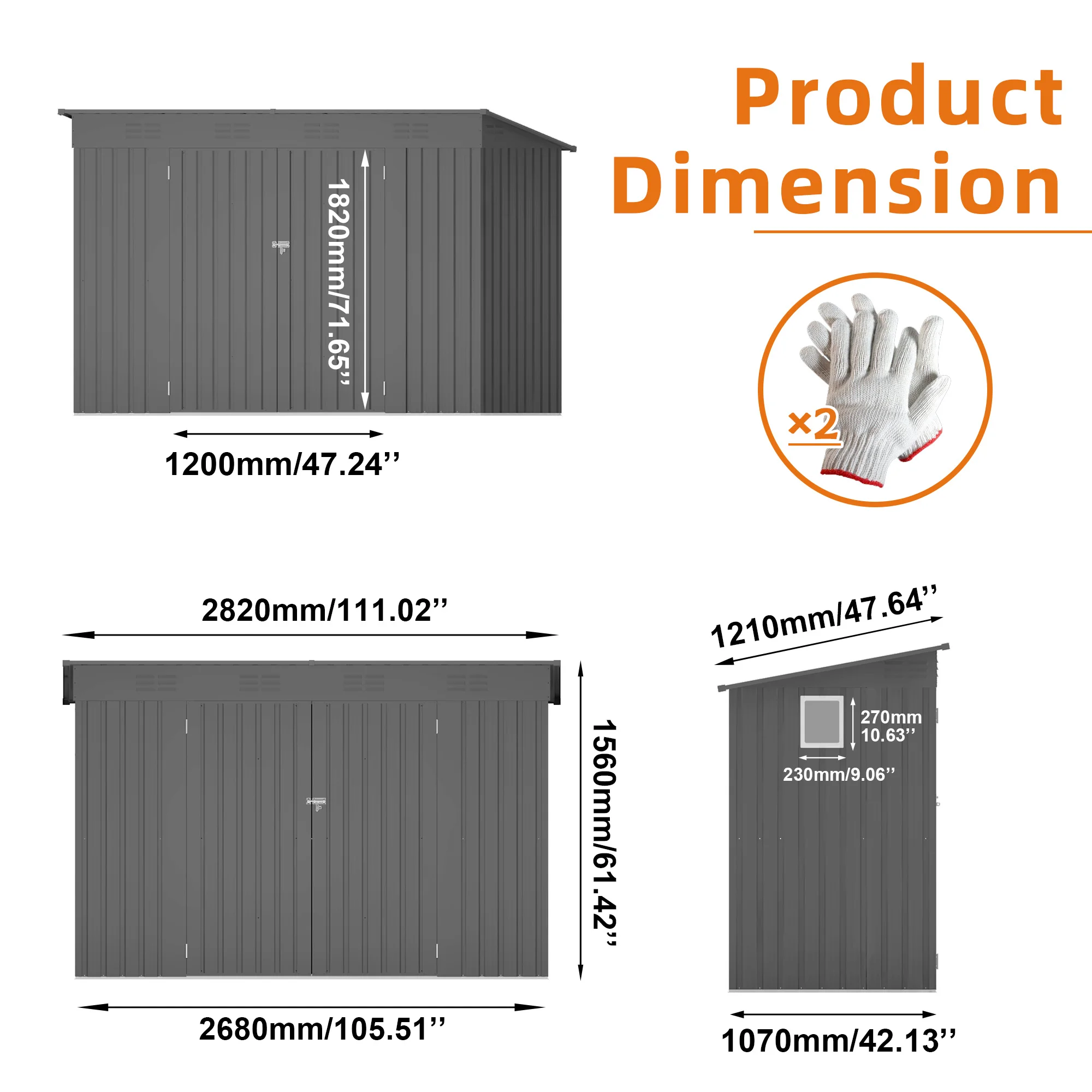 4*9ft  in Stock Metal Outdoor Storage Shed with Waterproof and Lockable Compact Tool Shed Front Hinged Door