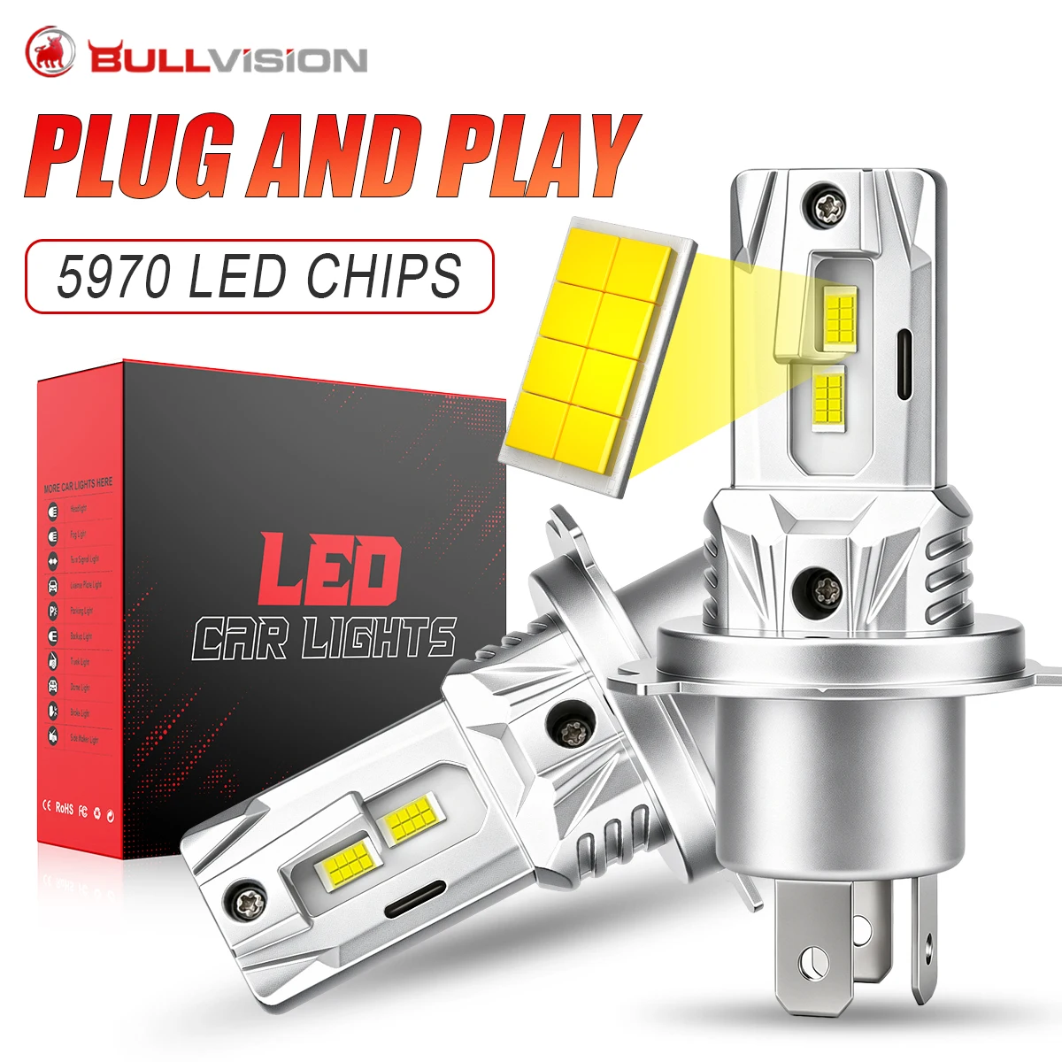 2Pcs H4 Bi LED Car Headlamp Bulbs CANBUS Hi/Lo Beam Turbo Fan Super Bright Auto/Moto Spotlights 6000K Fog Light Plug&Play