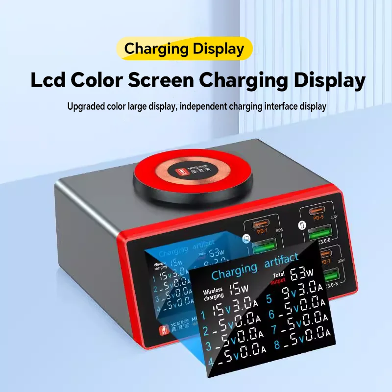 YCS S500/S550/S600 شاحن USB متعدد 8 منافذ مع شحن لاسلكي مغناطيسي 15 وات محطة PD 100WQC للهواتف أدوات شحن سريع