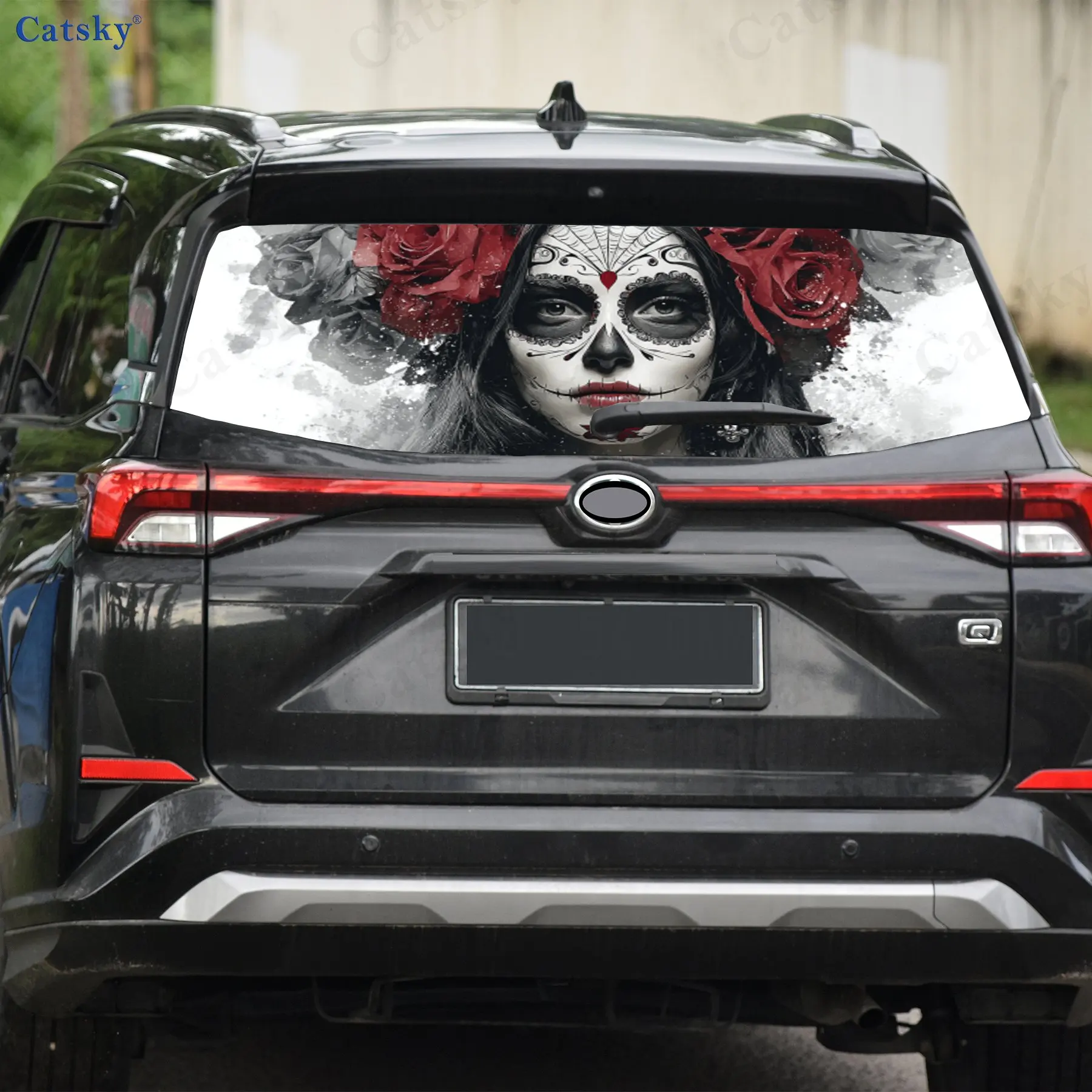 Sugar Skull Rose Wonder Journey PVC perforierte Auto-Vinylfolien, langlebiger Auto-Heckscheibenaufkleber, wasserdichte Auto-Heckscheibe