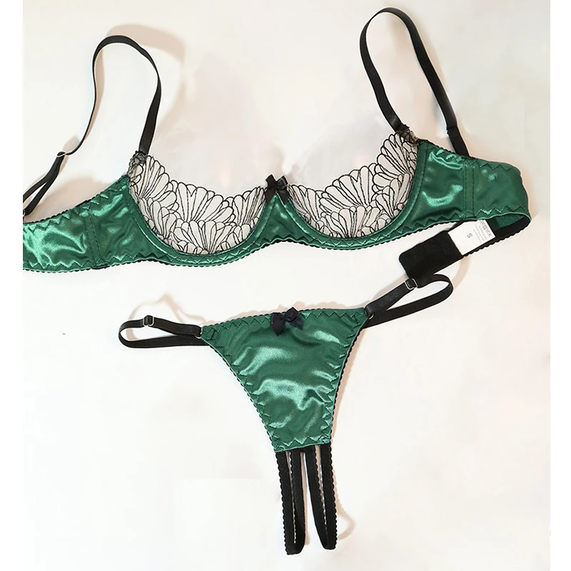 Women's Lingerie Sets Dark Green Satin Three-Point Underwear Sexy See Through Push Up Bra Panty Set Bow Decor Boudoir Intimates