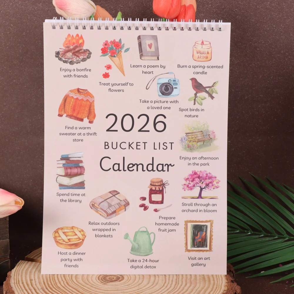 

2026 Bucket List Calendar, 12 Months, 2026 Printable Wall Calendar and Planner with Monthly Themes