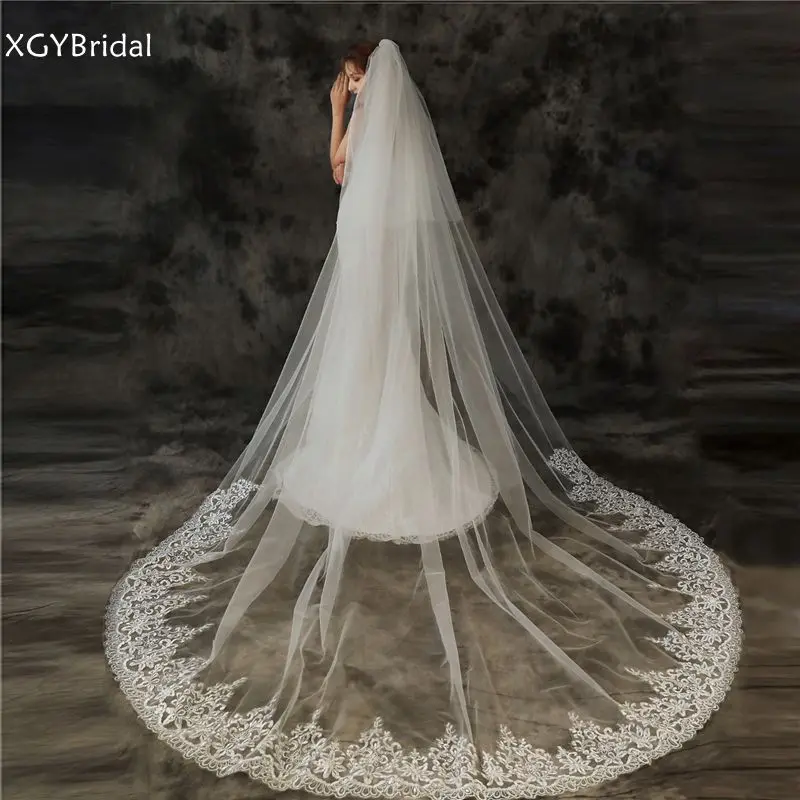 

New Arrival Cathedral Wedding veils for bride Lace Appliques Long Bridal veil Mariage Velos de novia Boda wedding accessories