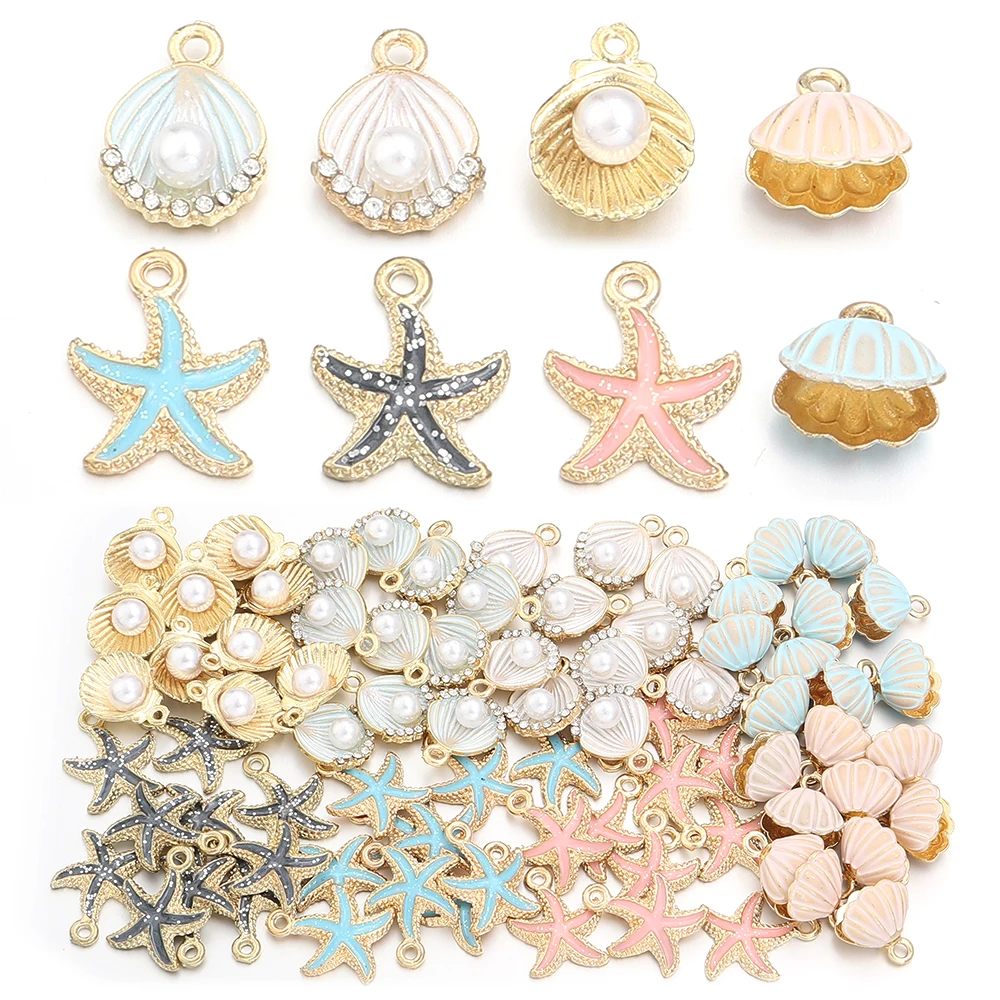 10pcs Alloy Drip Oil Ocean Series Pendant Colored Starfish Shell Shape Charm Small Pendant For DIY Exquisite Earrings Necklace