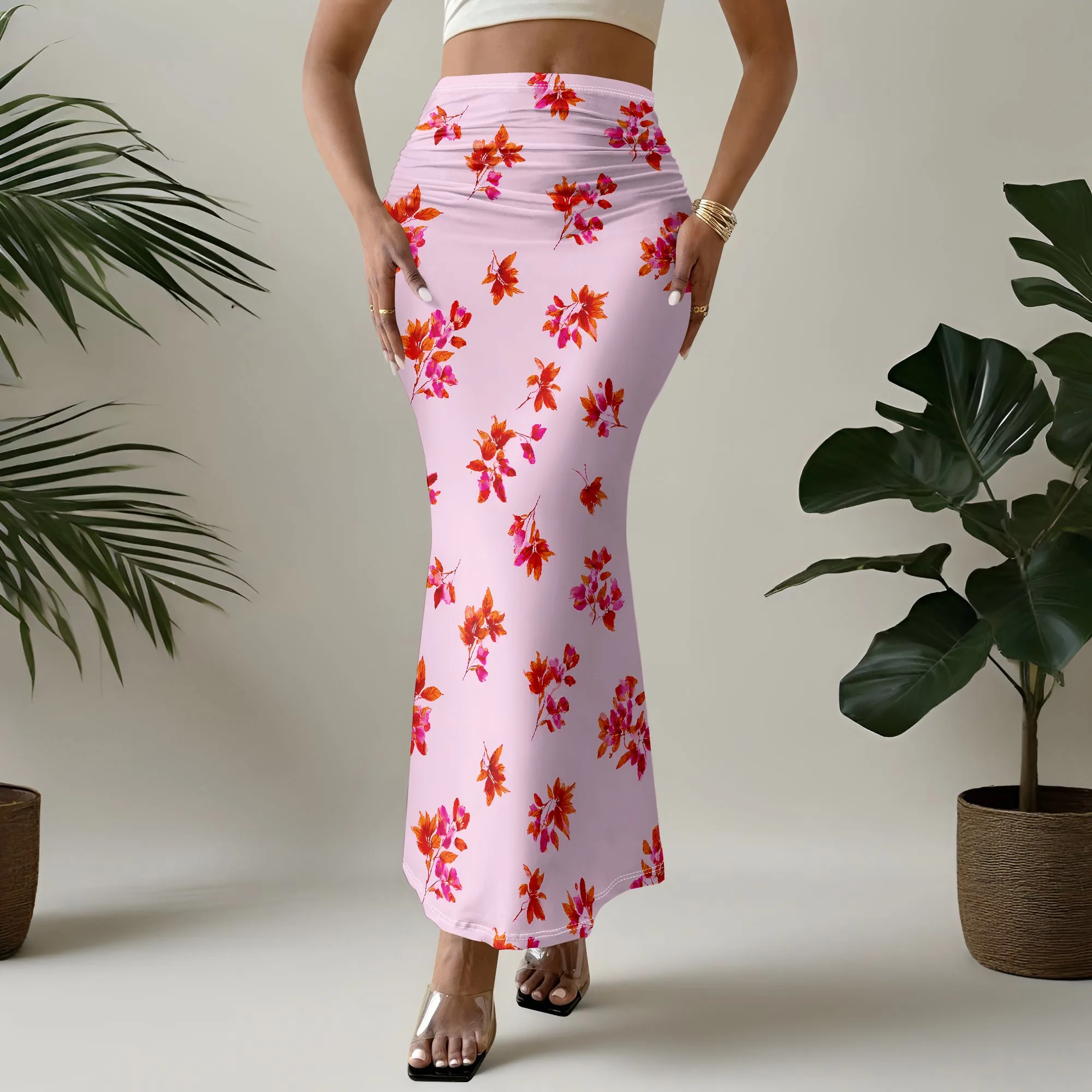 Floral Mermaid Skirt, Pink Leaf Print Midi Skirt, Summer Beach Vacation Bottoms, Elastic Waist, S-2XL
