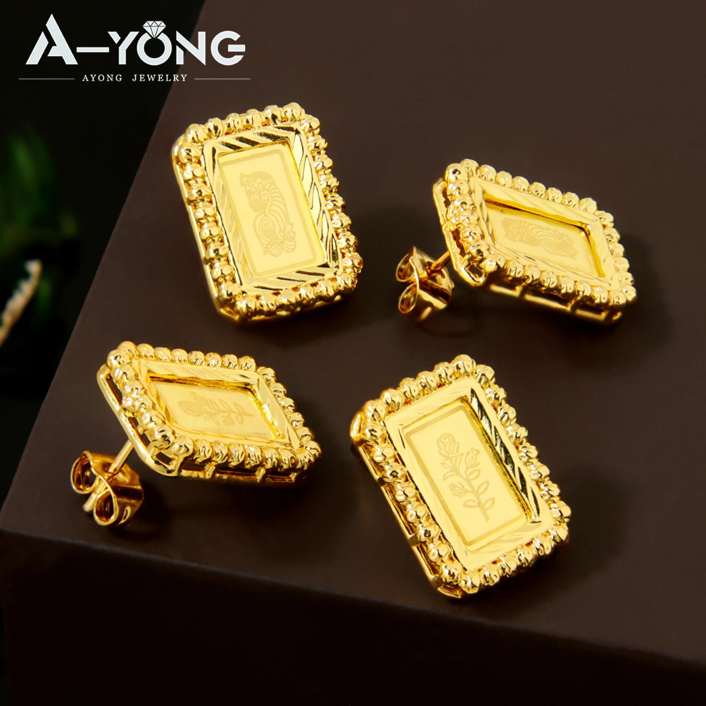 Arabic Fashion Square Stud Earrings 21k Gold Plated Nigeria Bridal Wedding Earring Dubai Muslim Women Event Party Jewelry Gifts