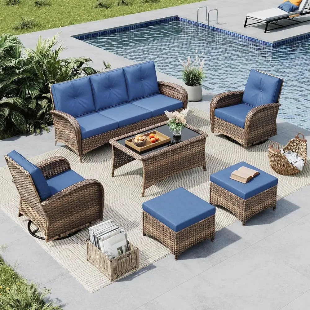 

6-Piece Blue Outdoor Wicker Patio Sectional Sofa Set with Swivel Chairs and Glass Top Table