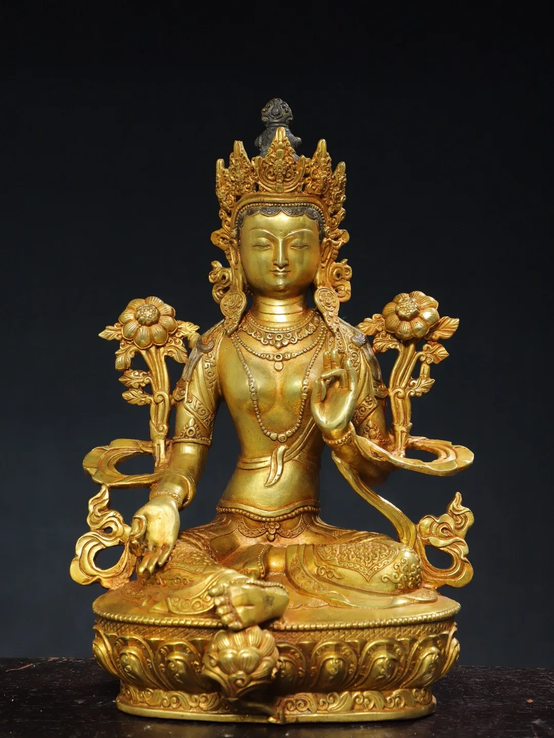 

13"Tibetan Temple Collection Old Bronze Cinnabar Gilded Green Tara Lotus Terrace Sitting Buddha Worship Hall Town house