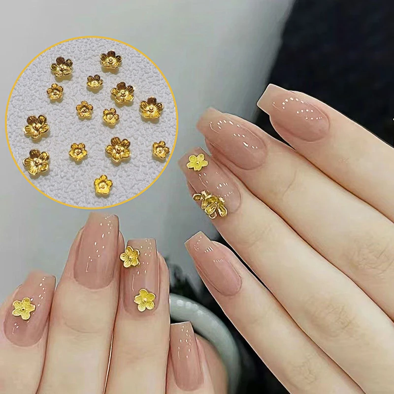 50ชิ้น3D ศิลปะการตกแต่งเล็บอัลลอยรูปดอกไม้สีทองเครื่องประดับเล็บทองชิ้นส่วนโลหะสำหรับตกแต่งเล็บ