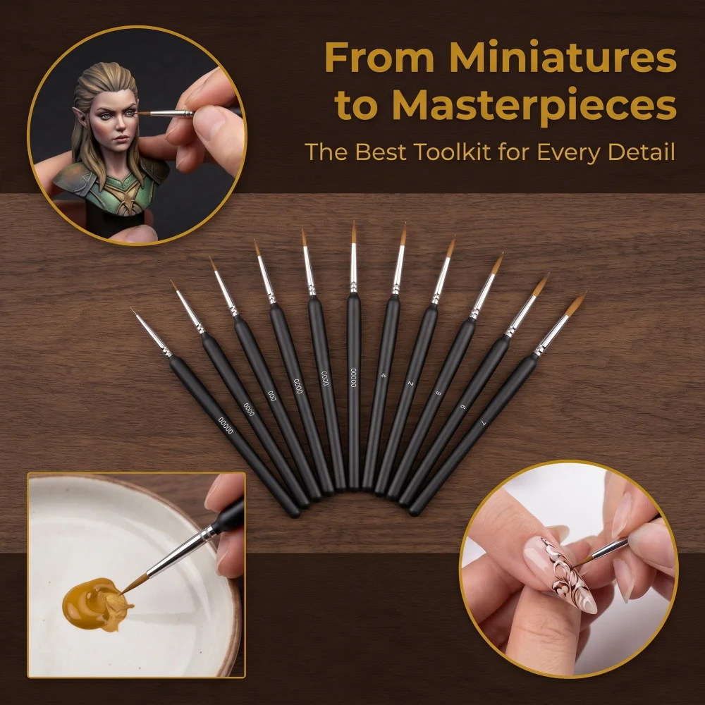 11Pcs Mini Detail Paint Brushes, Nylon Brushes for Acrylic Oil Watercolor, Model & Face Painting Supplies